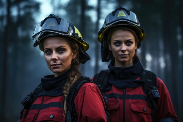 Brave Female Fire Rescueers Overtuigende afbeelding van twee dappere vrouwen die betrokken zijn bij brandredding te midden van een brandend bos