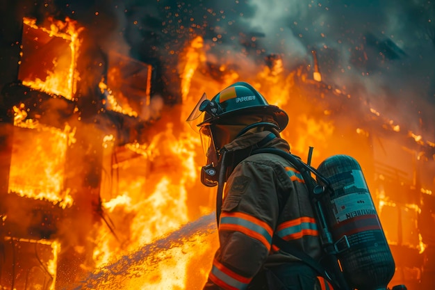 용감 한 소방관 이 불타는 건물 에서 불꽃 을 끄는 일 을 하고 있다