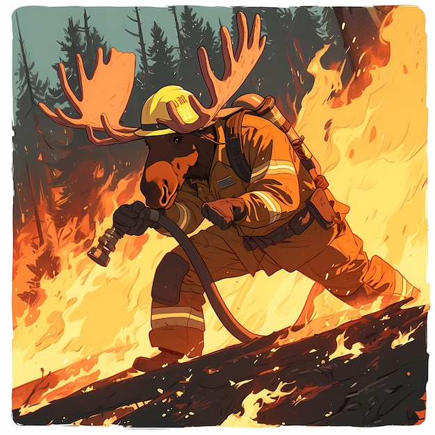 Brave Firefighter Battle Courageous Moose Saving Forest