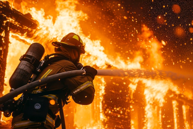 Brave firefighter battles flames to save a burning structure in full gear