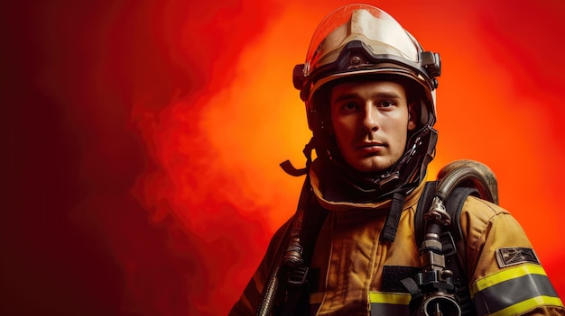 Foto un coraggioso vigile del fuoco vestito con l'attrezzatura completa che tiene appassionatamente un potente tubo mentre è pronto ad affrontare qualsiasi fiamma