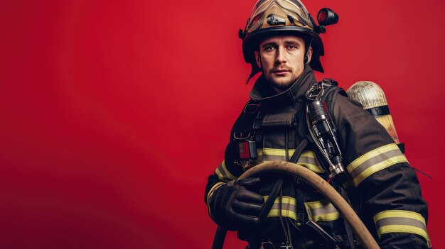 Photo a brave firefighter dressed in complete gear passionately holding a powerful hose while ready to tackle any flames