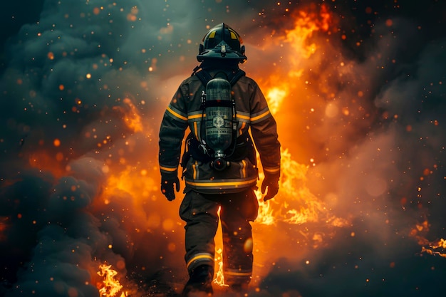 Brave Firefighter Emerges from Burning Building Amidst Dark Smoke