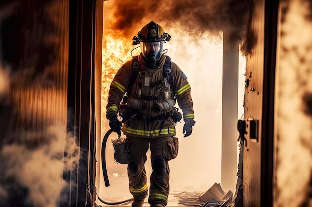 勇敢な消防士が火を消すために燃えている家に入る
