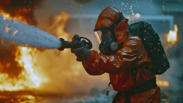 勇敢な消防士が緊急対応で水管で炎を消している
