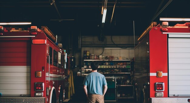 Photo brave firefighter in fire department gear seen from behind