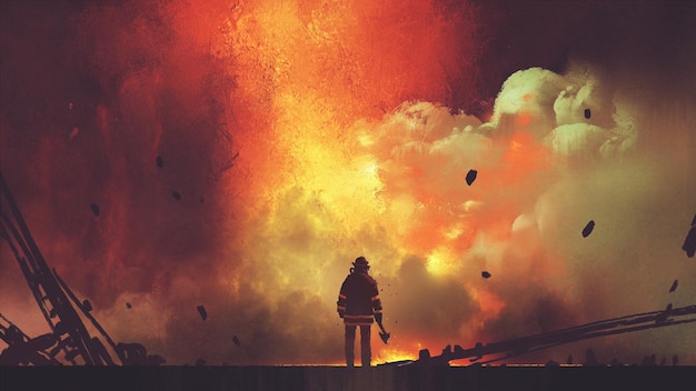 Photo brave firefighter with axe standing in front of frightening explosion, digital art style, illustration painting