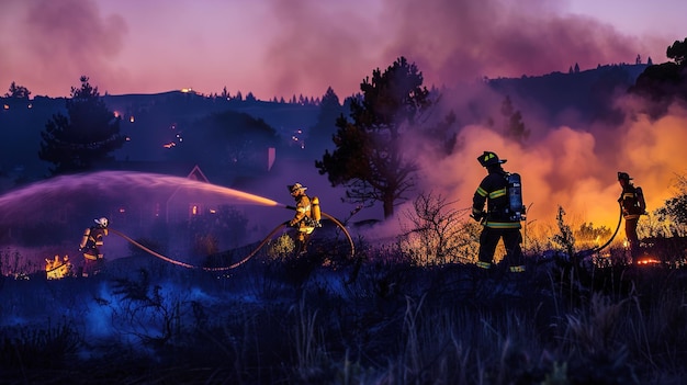 용감 한 소방관 들 은 황혼 에 산림 지역 에서 맹렬 한 산불 과 싸우고 있다