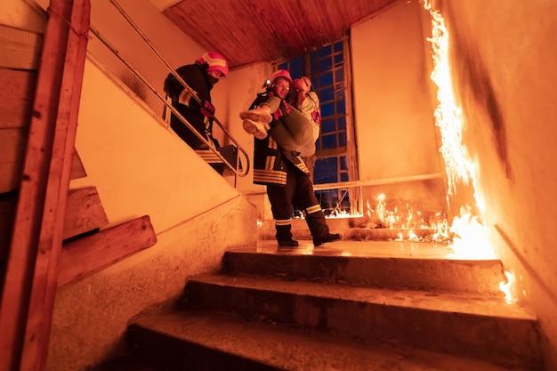 Il coraggioso pompiere scende le scale di un edificio in fiamme e tiene tra le braccia la ragazza salvata. apri il fuoco e un pompiere sullo sfondo. foto di alta qualità