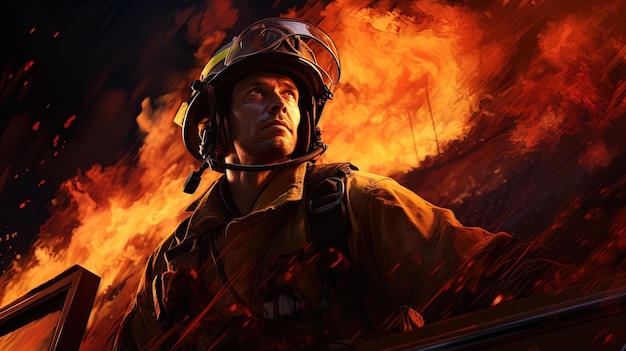 Photo brave fireman or firefighter working on fire