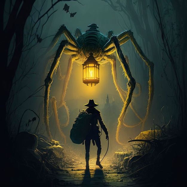 Brave hero lights way with lantern stands in front of huge spider with sting glowing yellow mouth with sharp teeth stands its paws in swampy dead landscape ai generated