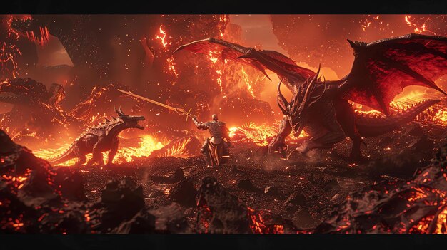 A brave knight battles a fearsome twoheaded dragon in a fiery volcanic setting