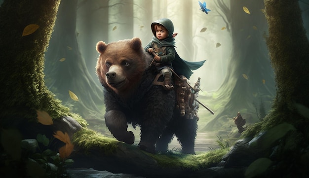 Храбрый маленький мальчик верхом на медведе в сказочном лесу
