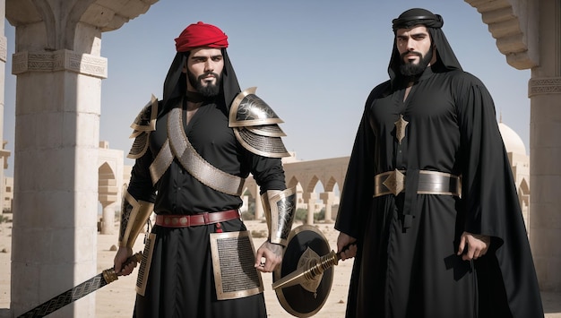 A brave Muslim general wearing a black and gold turban and shield inside a castle