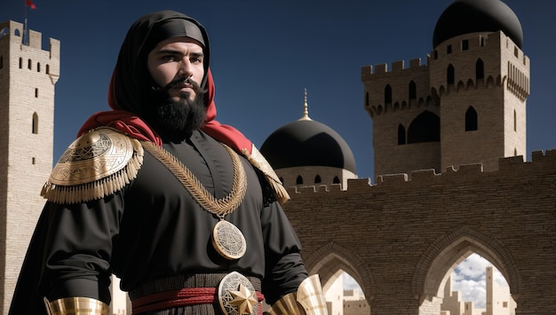 검은색과 금색 터번을 두른 용감한 이슬람 장군과 성 내부의 방패