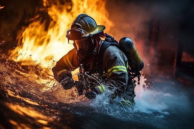 勇敢 な 消防 員 は 消防 に 水 と 消火 器 を 用い て 対応 し て い ます