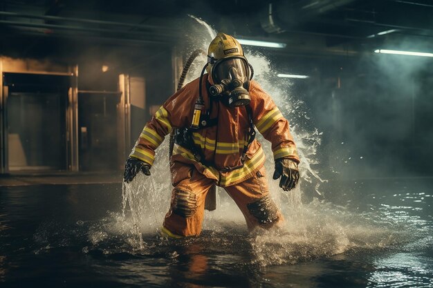 Brave Response Fireman Using Water and Extinguisher in Firefighting