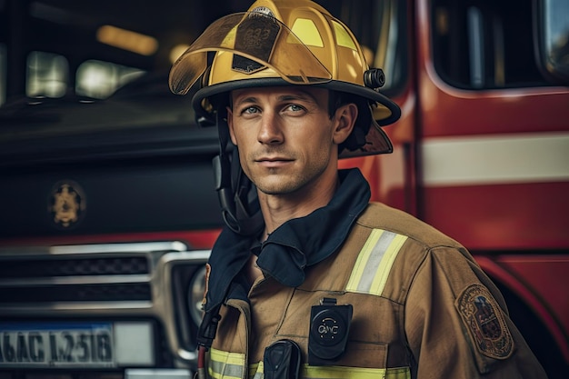 Brave and rugged firefighter stands proudly next to a firefighting vehicle ready to risk everything to keep people safe Generative AI