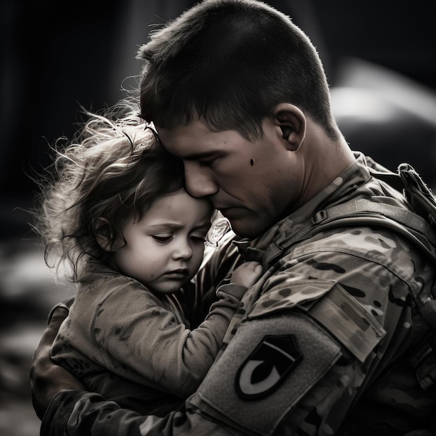 사진 용감 한 군인 은 어린 아이 를 부드럽게 품 에 안고 있다