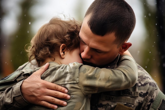 Brave soldier tenderly holds a small child in their arms