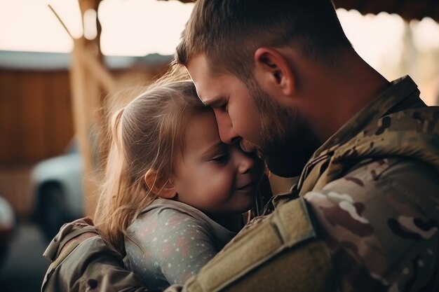 Brave soldier tenderly holds a small child in their arms