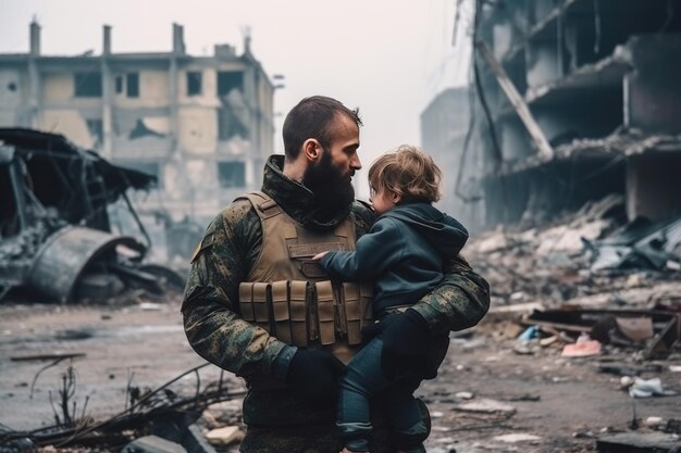 Brave soldier tenderly holds a small child in their arms