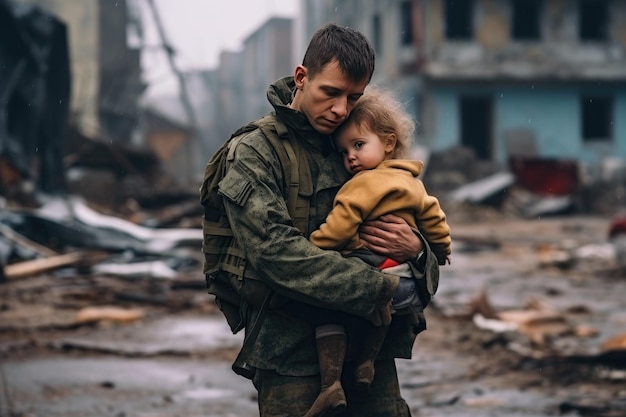 Храбрый солдат нежно держит на руках маленького ребенка
