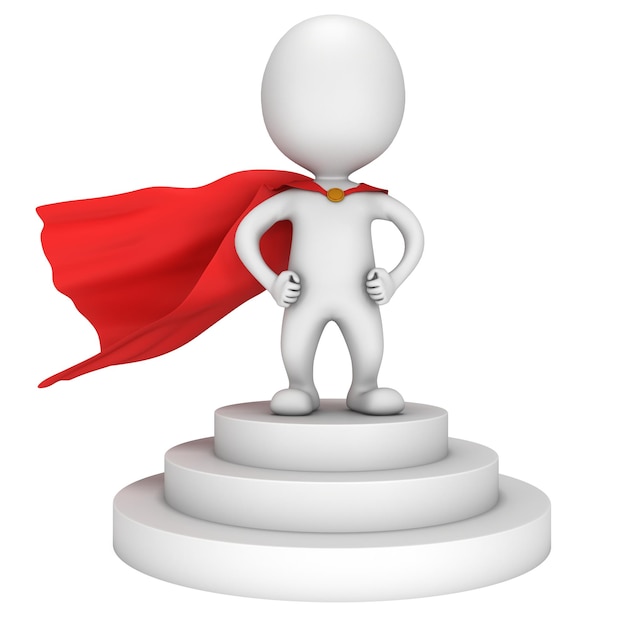 Brave superhero with red cloak stand on round stage podium