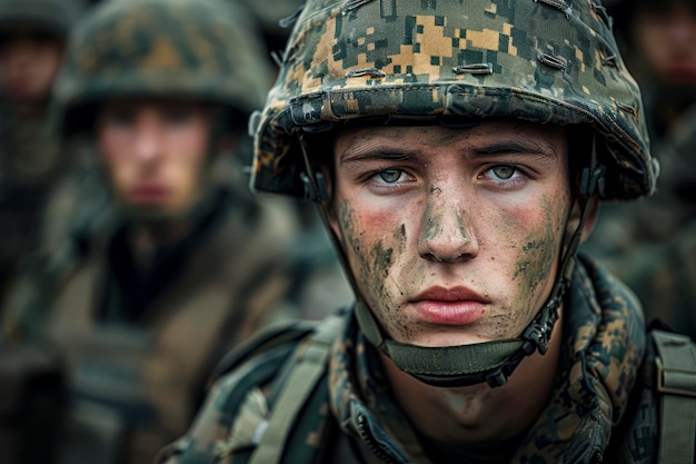 Brave Warrior Portrait of a Military Soldier Surrounded by Comrades