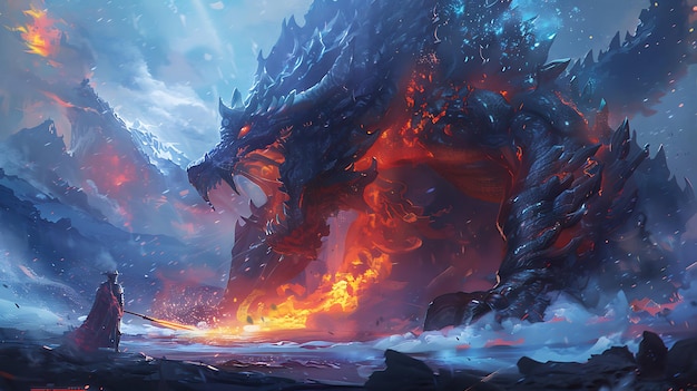 a brave warrior stands before a fearsome firebreathing dragon the dragons scales are black as night and its eyes burn with a hellish fury