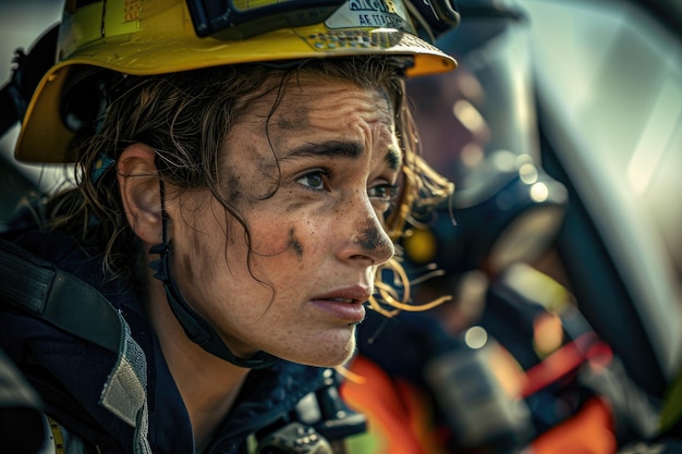 A brave woman wearing a firemans helmet gazes into the distance displaying determination and strength amidst uncertainty and chaos