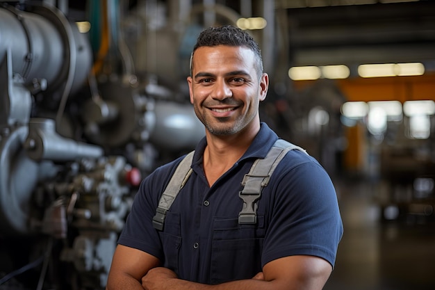 Brawny Latin American Worker Posing in Industrial Workshop