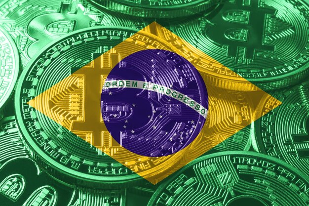 Brazil bitcoin flag, national flag cryptocurrency concept black background