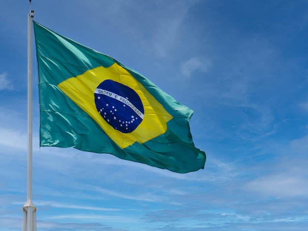 Brazil flag fluttering in the wind In the center of the flag with the words order and progress