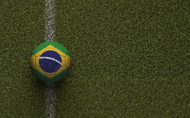 Brazil flag football on a green soccer pitch 3D Rendering