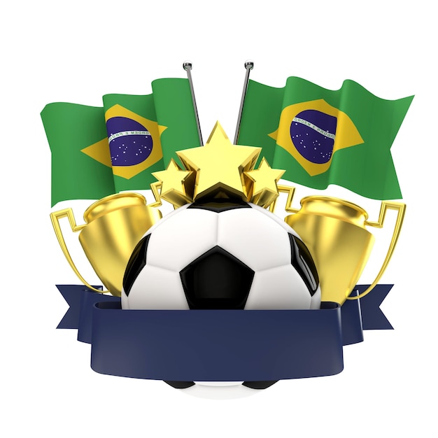 Brazil flag football winners emblem with trophy stars ball and ribbon 3D Rendering