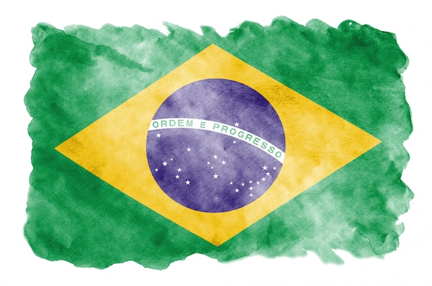 ブラジルの国旗は、白で隔離される液体水彩風で描かれています
