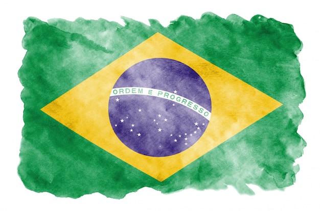 Brazil flag is depicted in liquid watercolor style isolated on white 