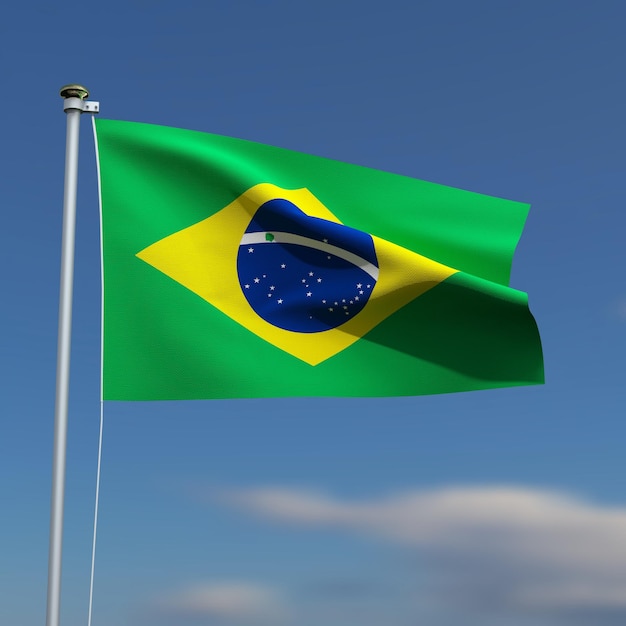 The Brazil Flag is waving in front of a blue sky with blurred clouds in the background