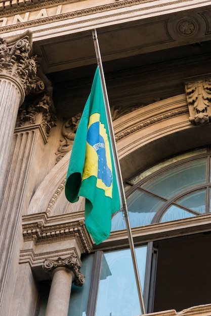 Brazil flag outdoors on top of a building in Rio de Janeiro Brazil.