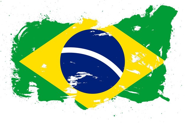 Brazil flag with painted grunge brush stroke effect on white background