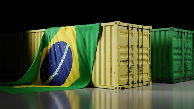 Brazil national flag and container box 3d rendering