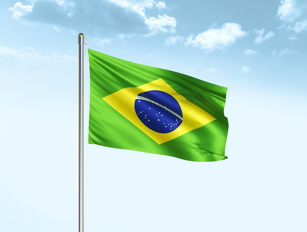 Brazil national flag waving in blue sky with clouds Brazil flag 3D illustration