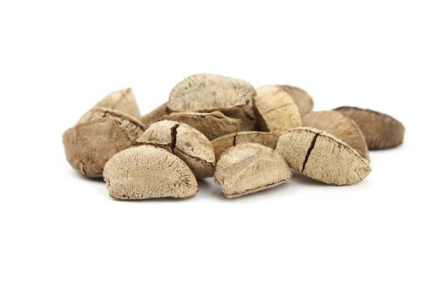 Brazil nuts or Bertholletia excelsa seeds isolated on white background