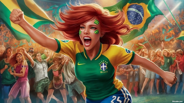 Photo brazil supporter brazilian redhead woman fan celebrating on soccer football match brazil colors