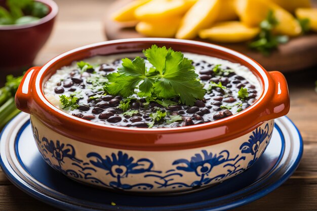 Braziliaans feest Overheerlijke Feijoada Geserveerd op een levendige keramische plaat met bloemmotief