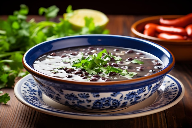 Braziliaans feest Overheerlijke Feijoada Geserveerd op een levendige keramische plaat met bloemmotief