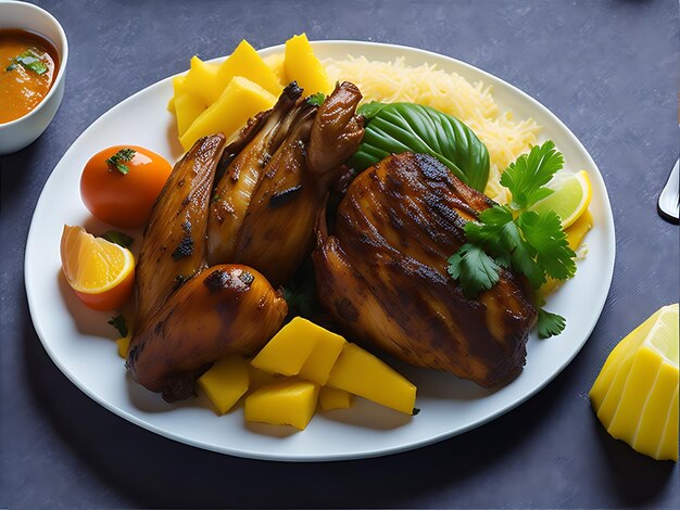 Braziliaans heerlijk eten gerecht geroosterd vlees met saus groenten rijst en friet generatieve ai