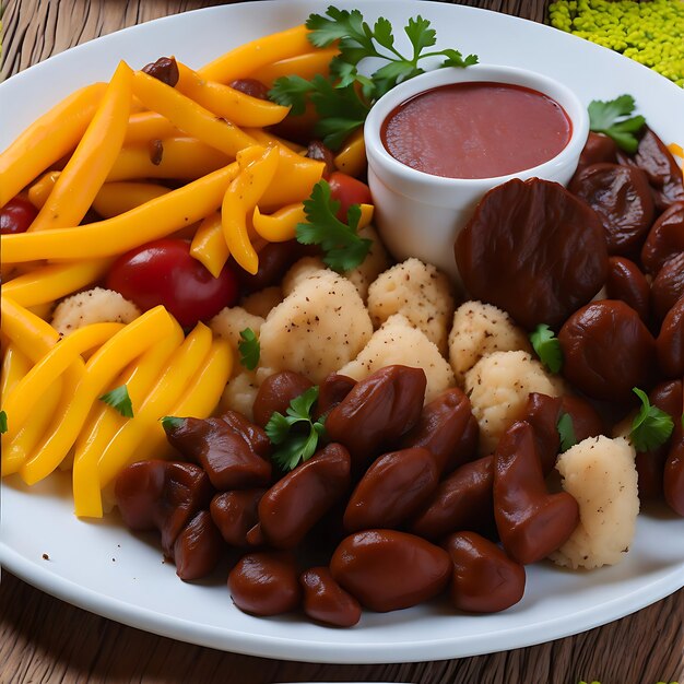 Braziliaans heerlijk eten gerecht geroosterd vlees met saus groenten rijst en friet generatieve ai