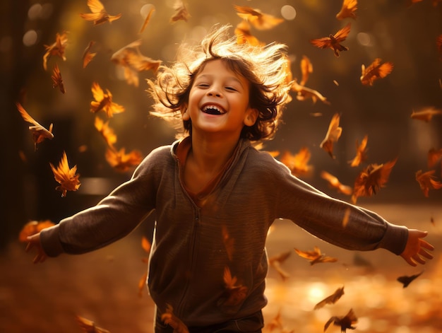 Braziliaans kind in speelse emotionele dynamische pose op de herfst achtergrond